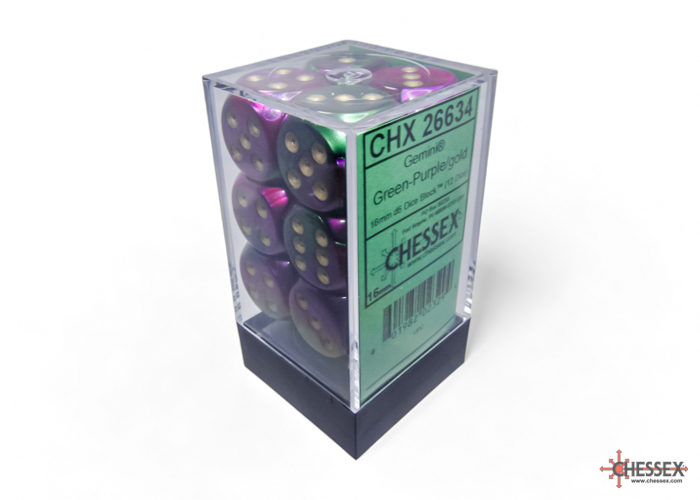 Gemini Green-Purple/gold 16mm d6 Dice Block (12 dice) - CHX26634